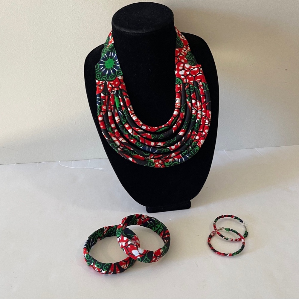 Green and Red Multocolor Handmade Layered,Earring, and Bracelet Jewelry Set